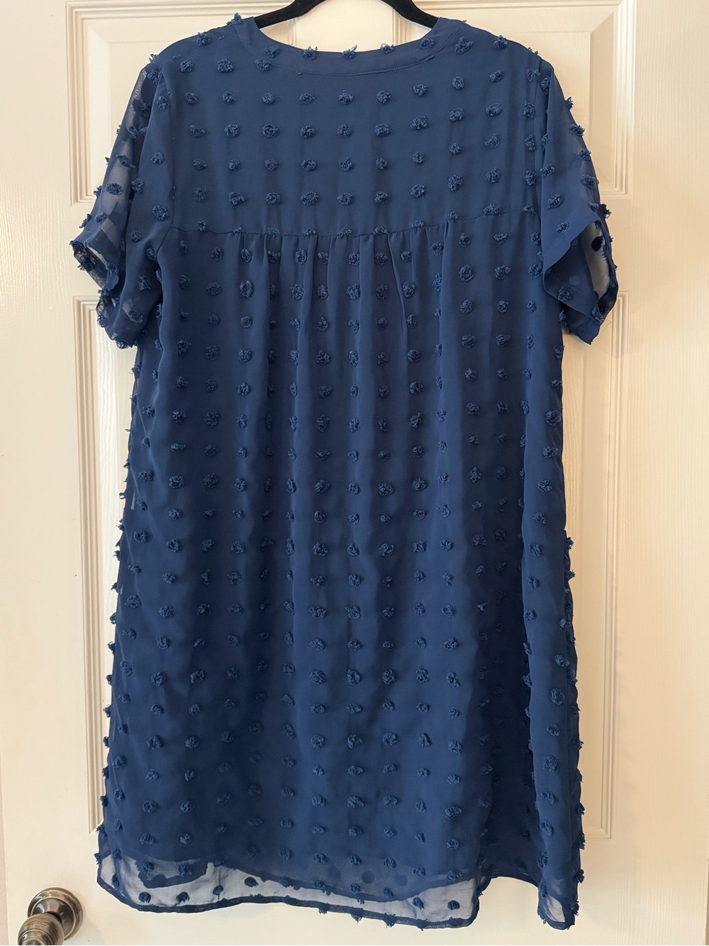 Relaxed Navy Blue Textured V-Neck Mini Dress - Picture 4 of 6